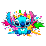 Ilustração Stitch colorida de um personagem azul com grandes olhos, sentado em meio a borrões de tinta vibrante em rosa, amarelo, verde e azul. Ideal para representar alegria e criatividade.