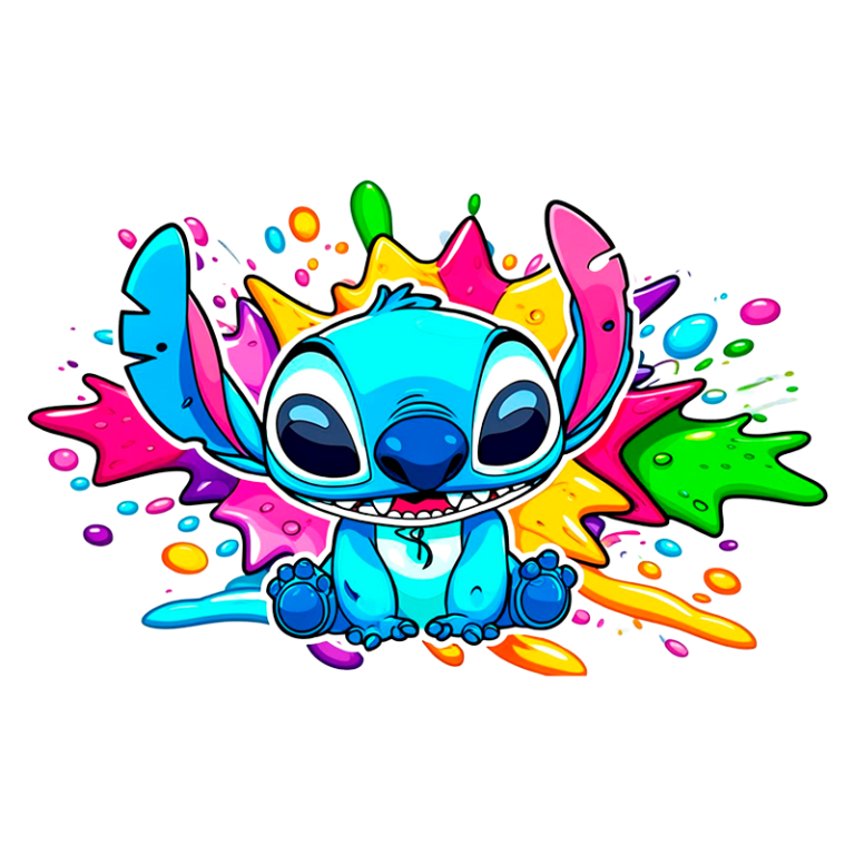 Ilustração Stitch colorida de um personagem azul com grandes olhos, sentado em meio a borrões de tinta vibrante em rosa, amarelo, verde e azul. Ideal para representar alegria e criatividade.
