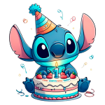 Stitch de "Lilo e Stitch" comemorando seu primeiro aniversário com um bolo decorado e um chapéu de festa colorido.