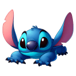Personagem de desenho animado Stitch, um alienígena azul com grandes orelhas rosa, olhos expressivos e uma expressão fofa, em uma pose de agachamento. Ideal para conteúdos sobre animações, personagens icônicos e cultura pop.