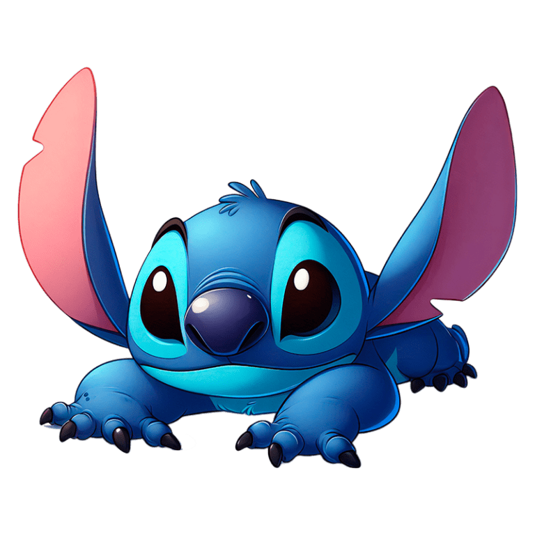 Personagem de desenho animado Stitch, um alienígena azul com grandes orelhas rosa, olhos expressivos e uma expressão fofa, em uma pose de agachamento. Ideal para conteúdos sobre animações, personagens icônicos e cultura pop.