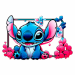 Ilustração colorida de Stitch, personagem de desenho animado, cercado por flores e bolhas. Stitch possui um corpo azul, olhos grandes e um sorriso amigável, sentado em um fundo vibrante. Ideal para fãs da Disney e decoração de festas.