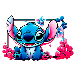 Ilustração colorida de Stitch, personagem de desenho animado, cercado por flores e bolhas. Stitch possui um corpo azul, olhos grandes e um sorriso amigável, sentado em um fundo vibrante. Ideal para fãs da Disney e decoração de festas.