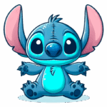 Personagem de desenho animado Stitch, com pelagem azul, orelhas grandes e expressivos olhos pretos, sentado em uma pose amigável. Ideal para fãs de animação e cultura pop.