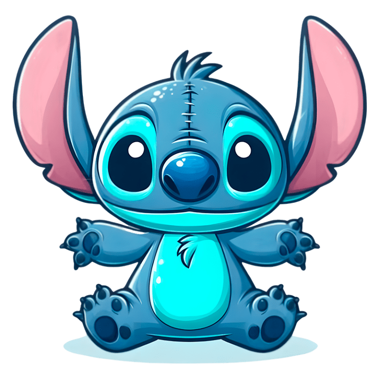 Personagem de desenho animado Stitch, com pelagem azul, orelhas grandes e expressivos olhos pretos, sentado em uma pose amigável. Ideal para fãs de animação e cultura pop.