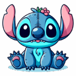 Stitch com um detalhe de flor na cabeça, sentado em uma superfície arredondada.