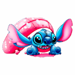 Personagem animado Stitch com orelhas grandes e sorriso amplo, posicionado em frente a um boia rosa com detalhes. Ideal para conteúdo relacionado a filmes da Disney, animação e cultura pop.