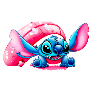 Personagem animado Stitch com orelhas grandes e sorriso amplo, posicionado em frente a um boia rosa com detalhes. Ideal para conteúdo relacionado a filmes da Disney, animação e cultura pop.
