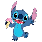 Stitch segurando um sorvete de morango, sorrindo e com braços levantados, transmitindo alegria e diversão. Ideal para temas relacionados a sobremesas, verão e cultura pop.