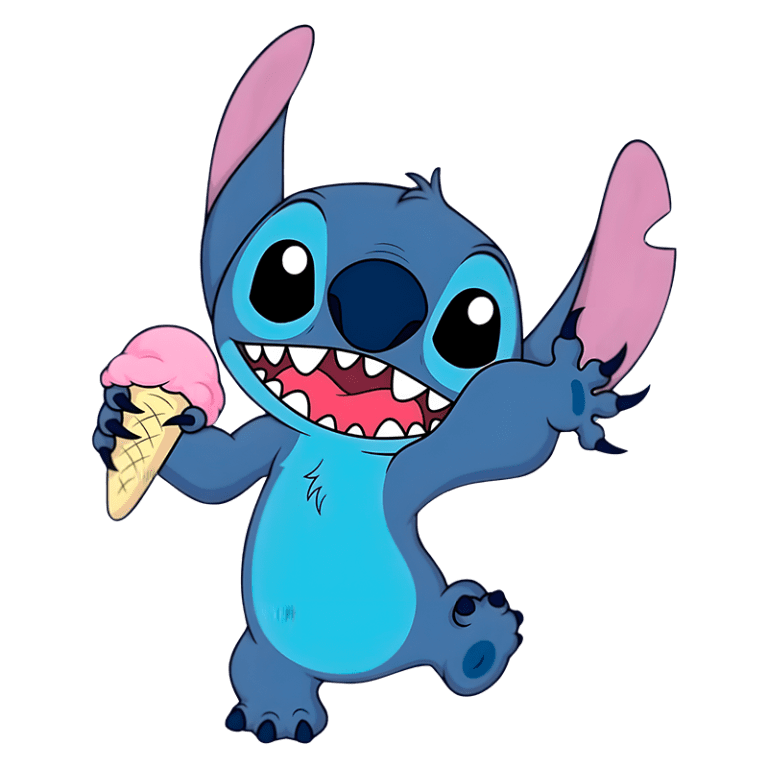 Stitch segurando um sorvete de morango, sorrindo e com braços levantados, transmitindo alegria e diversão. Ideal para temas relacionados a sobremesas, verão e cultura pop.