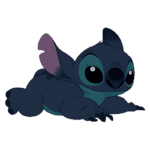 Personagem de desenho animado Stitch, de "Lilo & Stitch", deitado com as patas dianteiras estendidas e orelhas grandes, exibindo olhos grandes e expressivos, em fundo verde.