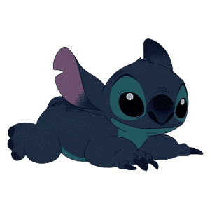 Personagem de desenho animado Stitch, de "Lilo & Stitch", deitado com as patas dianteiras estendidas e orelhas grandes, exibindo olhos grandes e expressivos, em fundo verde.