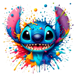 Stitch feliz, cercado por respingos vibrantes de tinta em azul, rosa, amarelo e verde, simbolizando diversão e criatividade.
