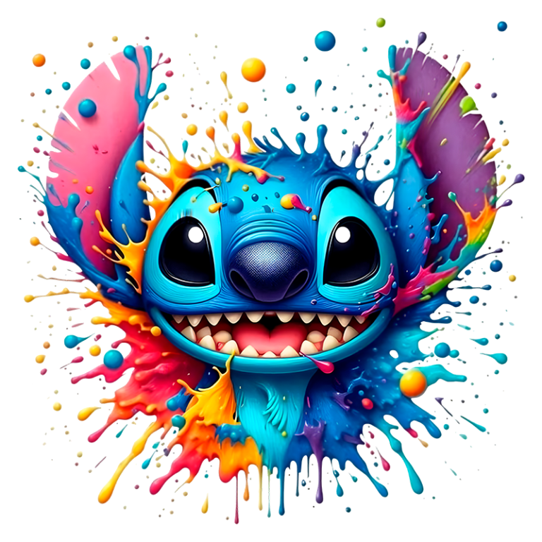 Stitch feliz, cercado por respingos vibrantes de tinta em azul, rosa, amarelo e verde, simbolizando diversão e criatividade.