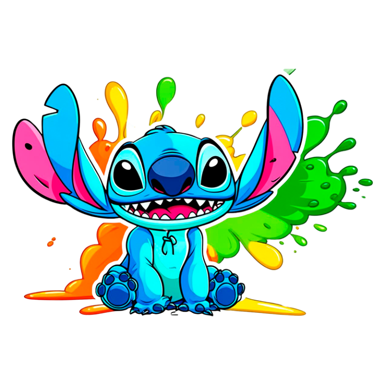 Personagem Stitch, do filme Lilo & Stitch, sorrindo e com as patas para fora, cercado por respingos de tinta colorida em verde, laranja e amarelo. Ideal para temas de criatividade e animação.