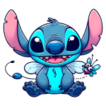 Personagem animado Stitch, da Disney, com pele azul e grandes olhos, sorrindo enquanto segura uma pequena borboleta ao seu lado. Ideal para temas de fantasia e entretenimento infantil.