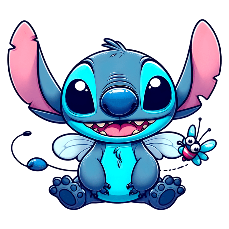 Personagem animado Stitch, da Disney, com pele azul e grandes olhos, sorrindo enquanto segura uma pequena borboleta ao seu lado. Ideal para temas de fantasia e entretenimento infantil.