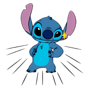 Personagem Stitch, do filme Lilo & Stitch, exibindo uma pose confiante com um fundo vibrante. O personagem é azul com orelhas grandes e expressivas.