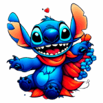 Stitch sorrindo e usando um cachecol vermelho. Ele segura um saco com uvas, transmitindo alegria e simpatia. Ideal para temas de diversão e amizade.