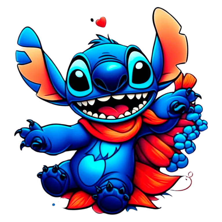 Stitch sorrindo e usando um cachecol vermelho. Ele segura um saco com uvas, transmitindo alegria e simpatia. Ideal para temas de diversão e amizade.