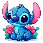 Personagem fofo inspirado em Stitch, exibindo pele azul e grandes orelhas rosa, sentado entre flores coloridas. Ideal para fãs de animação e cultura pop.