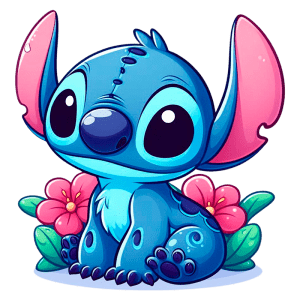 Personagem fofo inspirado em Stitch, exibindo pele azul e grandes orelhas rosa, sentado entre flores coloridas. Ideal para fãs de animação e cultura pop.