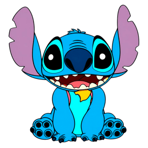 Personagem de desenho animado Stitch, com pelagem azul e grandes orelhas, sorrindo e sentado, em um fundo verde.