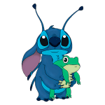 Stitch segurando um sapo verde, em um fundo verde liso, ideal para ilustrar temas de amizade e animação.