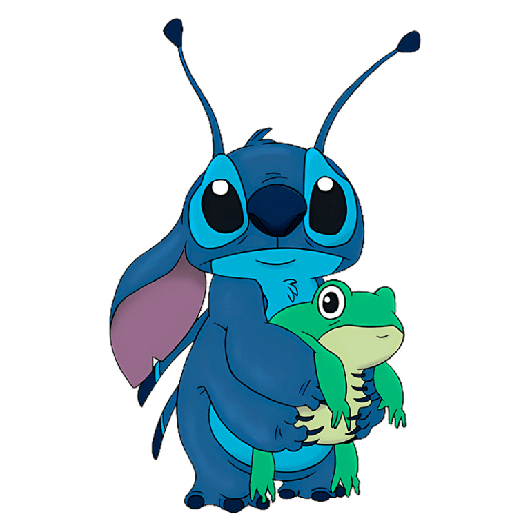 Stitch segurando um sapo verde, em um fundo verde liso, ideal para ilustrar temas de amizade e animação.