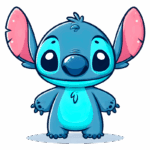Stitch segurando as mãos para o lado em um fundo verde. Ideal para temas de animação e cultura pop.