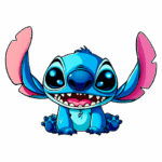 Personagem animado Stitch, de pelagem azul e orelhas rosa, sentado com expressão feliz e dentes expostos, fundo verde. Ideal para referências a cultura pop e personagens de desenhos animados.