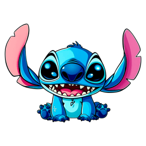 Personagem animado Stitch, de pelagem azul e orelhas rosa, sentado com expressão feliz e dentes expostos, fundo verde. Ideal para referências a cultura pop e personagens de desenhos animados.