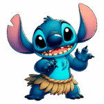 Personagem animado Stitch, de pele azul, com grandes olhos pretos e orelhas longas. Ele está usando uma saia de grama e fazendo um gesto amigável, posicionado em um fundo verde. Ideal para temas de desenhos animados e cultura pop.