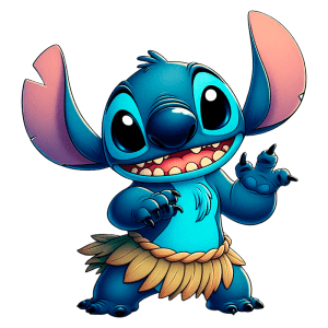 Personagem animado Stitch, de pele azul, com grandes olhos pretos e orelhas longas. Ele está usando uma saia de grama e fazendo um gesto amigável, posicionado em um fundo verde. Ideal para temas de desenhos animados e cultura pop.