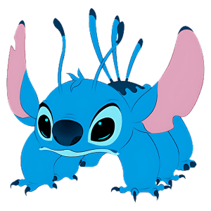 Personagem Stitch, da Disney, com pelagem azul, grandes orelhas rosa e expressão curiosa. Ele é uma criatura alienígena e é popular entre crianças e adultos, aparecendo em filmes e séries animadas.
