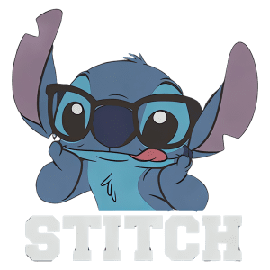 Personagem Stitch de Lilo & Stitch, usando óculos grandes e fazendo uma expressão divertida, com a palavra "STITCH" em destaque abaixo.
