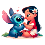 Personagens animados Stitch e Lilo se divertindo juntos, com expressões de carinho, em um ambiente colorido. Lilo usa um vestido vermelho com flores e Stitch, um alienígena azul, exibe um sorriso alegre.