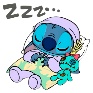 Stitch dormindo tranquilamente em uma cama, coberto com um cobertor, segurando um boneco de pelúcia. O fundo tem a palavra "ZZZ" indicando que está sonhando.