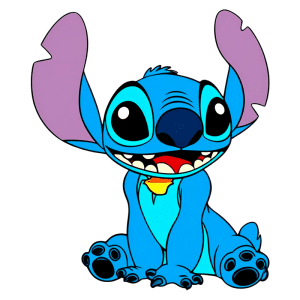 Stitch, personagem azul do filme "Lilo & Stitch", com grandes orelhas roxas e sorriso divertido, sentado em um fundo verde. Ideal para conteúdos sobre animação e cultura pop.