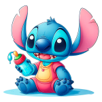 Personagem Stitch da Disney em versão infantil, sentado, com uma mamadeira e sorriso, usando um macacão vermelho com detalhes em azul. Ideal para temas de animação e cultura pop.