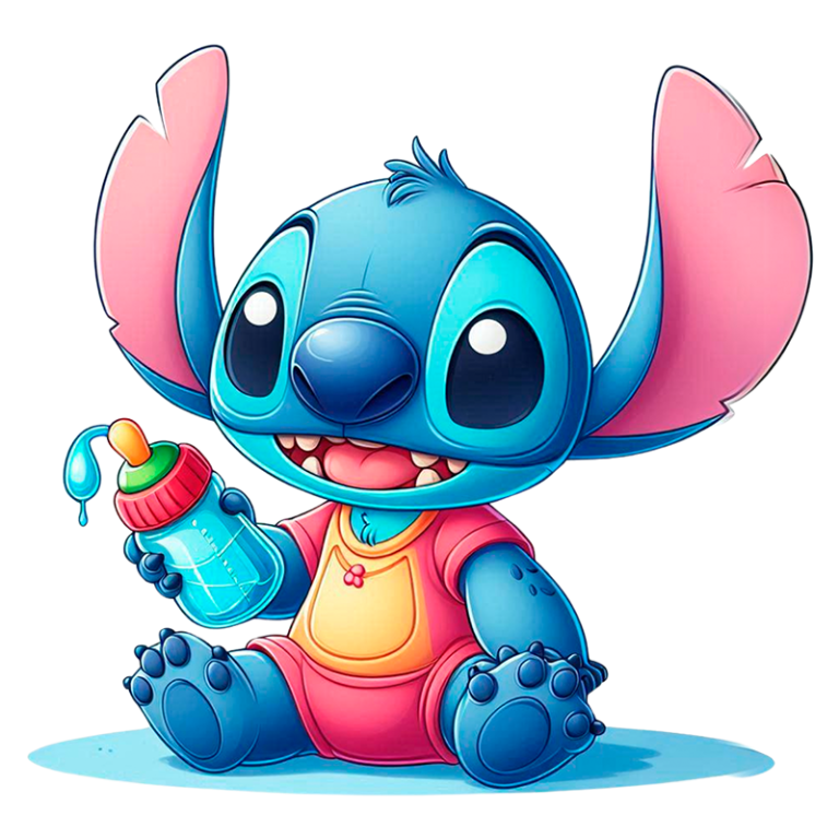 Personagem Stitch da Disney em versão infantil, sentado, com uma mamadeira e sorriso, usando um macacão vermelho com detalhes em azul. Ideal para temas de animação e cultura pop.