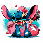 Personagem Stitch, da Disney, sorrindo e com braços abertos, cercado por criaturas rosa e um fundo azul suave. Stitch usa um colar e exibe uma expressão alegre, simbolizando amizade e diversão.