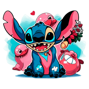 Personagem Stitch, da Disney, sorrindo e com braços abertos, cercado por criaturas rosa e um fundo azul suave. Stitch usa um colar e exibe uma expressão alegre, simbolizando amizade e diversão.
