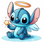 Personagem Stitch com asas e auréola segurando uma estrela, sentado em uma superfície azul, com um fundo verde.
