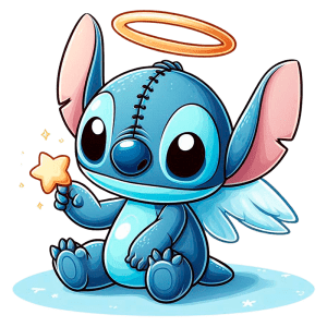 Personagem Stitch com asas e auréola segurando uma estrela, sentado em uma superfície azul, com um fundo verde.