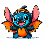 Stitch vestindo um traje de morcego, com orelhas grandes e um sorriso animado. Ideal para ilustrações infantis e produtos temáticos de Halloween.