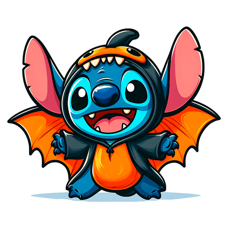 Stitch vestindo um traje de morcego, com orelhas grandes e um sorriso animado. Ideal para ilustrações infantis e produtos temáticos de Halloween.