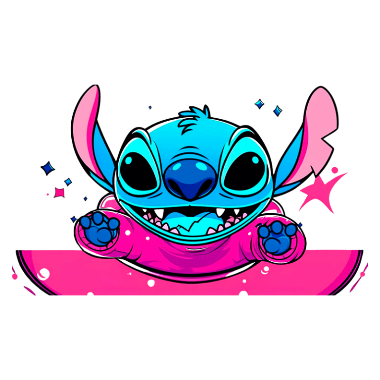 Ilustração colorida do Stitch, personagem famoso do filme da Disney "Lilo & Stitch", com pelagem azul e orelhas rosa, sorrindo e segurando uma faixa rosa, em um fundo vibrante com elementos decorativos.