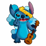 Personagem animado Stitch, do filme da Disney, usando um colar de flores e segurando um ukulele, fazendo sinal de paz. Fundo com bolhas em tons de azul.