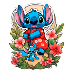 Ilustração colorida de Stitch, um personagem famoso da Disney, vestindo uma camisa havaiana vermelha, acompanhado de um pequeno Stitch, cercados por flores tropicais.